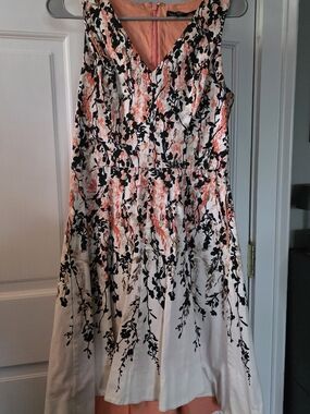 White House Black Market Coral and Black Floral Fit And Flare Midi Dress